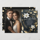 シック白黒金ゴールドフローラ結婚リースの写真 セーブザデート (正面/裏面)