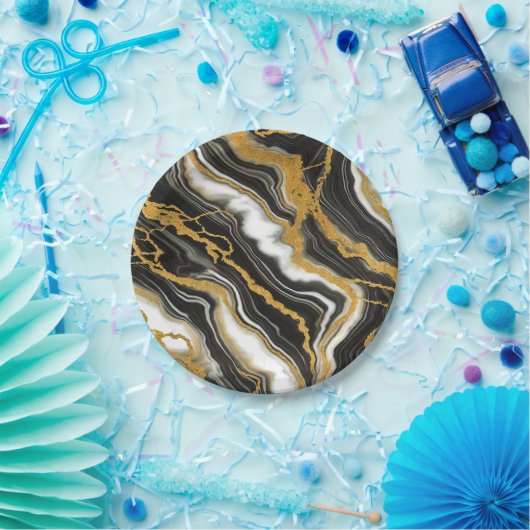 シック白黒金ゴールドマーブルルックグラム結婚ズ ペーパープレート (パーティー)