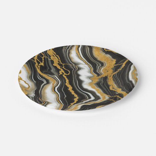 シック白黒金ゴールドマーブルルックグラム結婚ズ ペーパープレート (アングル)