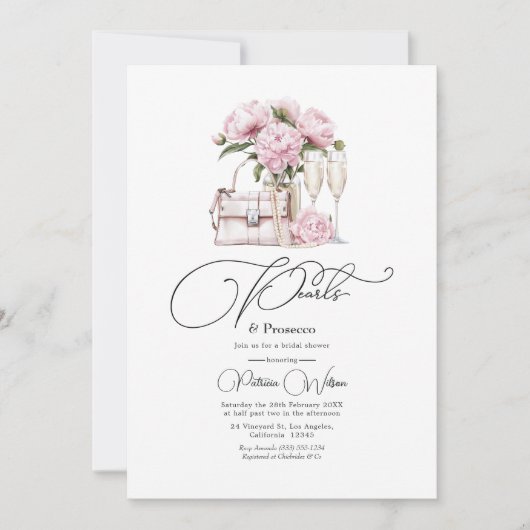 シック真珠とプロセッコピンクフローラブライダルシャワー 招待状 (正面)