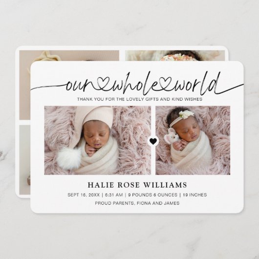 シック私たちの世界全体のフォトコラージュ誕生 案内状 (正面/裏面)