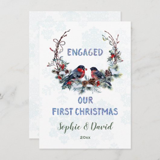 シック私たちの初めてのクリスマスリースとブルフィンチ シーズンカード (正面/裏面)