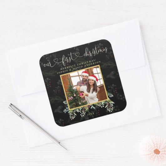 シック私たちの初めてのクリスマス書道冬の写真 スクエアシール (封筒)