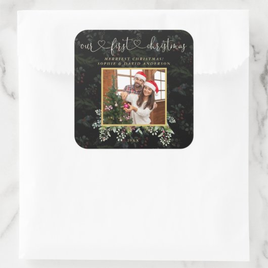 シック私たちの初めてのクリスマス書道冬の写真 スクエアシール (バッグ)