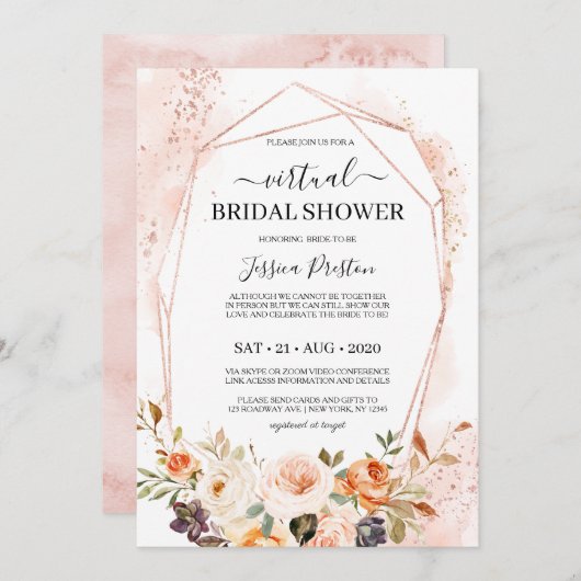 シック秋のフローラ幾何学的な仮想ブライダルシャワー 招待状 (正面/裏面)