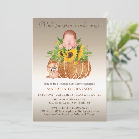 シック秋サンフラワーカップルベビーシャワー招待状 招待状 (スタンド正面)