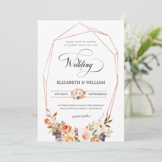 シック秋テラコッタフローラフレームフォトズ結婚ーズ 招待状 (スタンド正面)