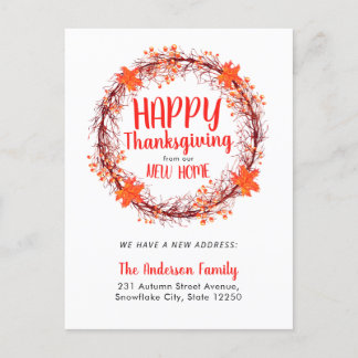 シック秋リースハッピーサンクスギビングホリデームービング 案内ポストカード