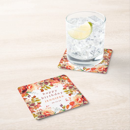 シック秋秋の水カラーフローラハッピーバースデー スクエアペーパーコースター (インサイチュ)