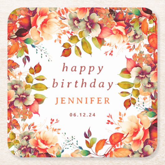 シック秋秋の水カラーフローラハッピーバースデー スクエアペーパーコースター (正面)