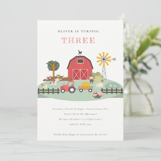 シック納屋周囲の庭ファームアニマルエイジフォト誕生日 招待状 (スタンド正面)