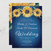 シック素朴なサンフラワーネイビーブルーウッド結婚ズ 招待状 (正面/裏面)