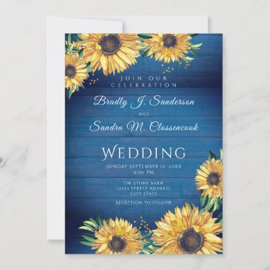 シック素朴なサンフラワーネイビーブルーウッド結婚ズ 招待状 (正面)