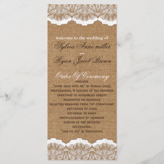 シック素朴なバーラップとレースの田舎の結婚式 プログラム (正面)
