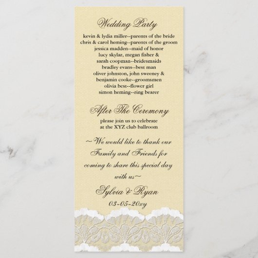 シック素朴なバーラップとレースの田舎の結婚式 プログラム (裏面)