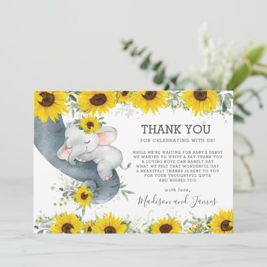 シック素朴なヒマワリ象の赤ちゃんシャワー少女 サンキューカード (スタンド正面)