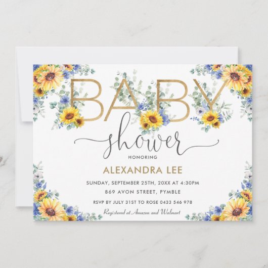 シック素朴なヒマワリ青フローラ赤ちゃんシャワー 招待状 (正面)
