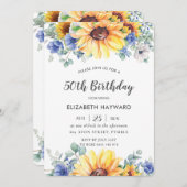 シック素朴なヒマワールブルーフローラ女性誕生日 招待状 (正面/裏面)