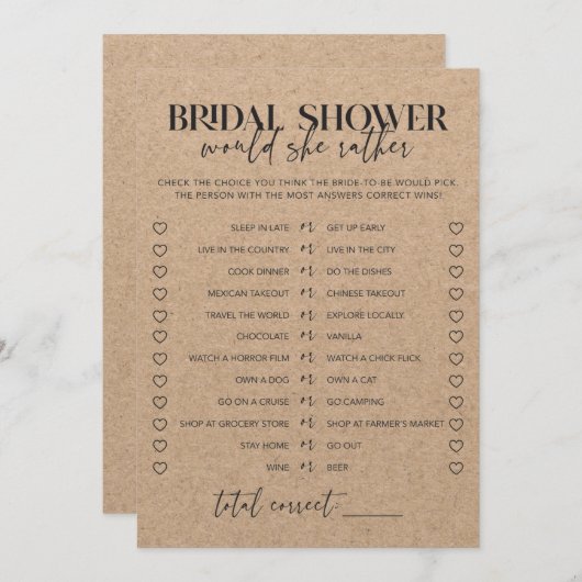 シック素朴なブライダルシャワーは彼女はむしろゲームだろう (正面/裏面)