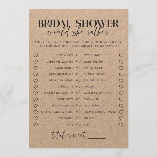 シック素朴なブライダルシャワーは彼女はむしろゲームだろう (正面)