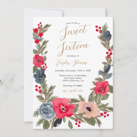 シック素朴な冬のフローラ水の色の甘い16 招待状 (正面)