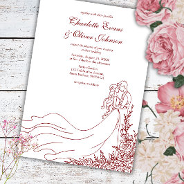 シック素朴な手描きカップルBurgundy結婚's 招待状