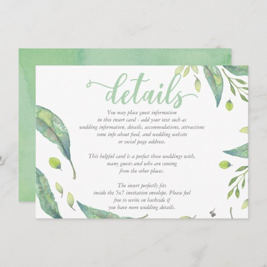シック素朴な水彩葉ウェディング詳細カード エンクロージャーカード (正面/裏面)