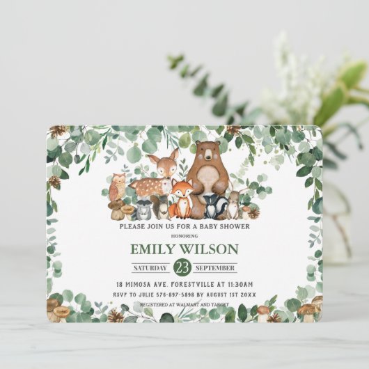 シック素朴な緑の森の動物の赤ちゃんシャワー 招待状 (スタンド正面)