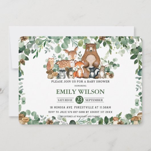 シック素朴な緑の森の動物の赤ちゃんシャワー 招待状 (正面)