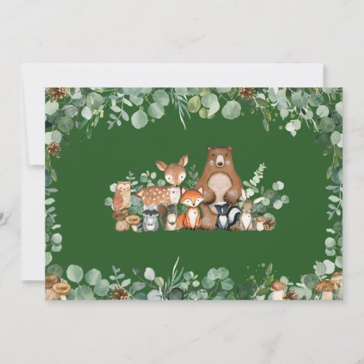 シック素朴な緑の森の動物の赤ちゃんシャワー 招待状 (裏面)