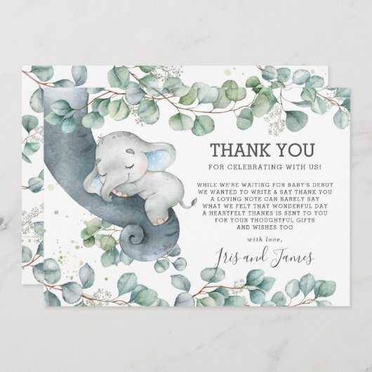 シック素朴な緑の象の赤ちゃんシャワーボーイ サンキューカード (正面/裏面)