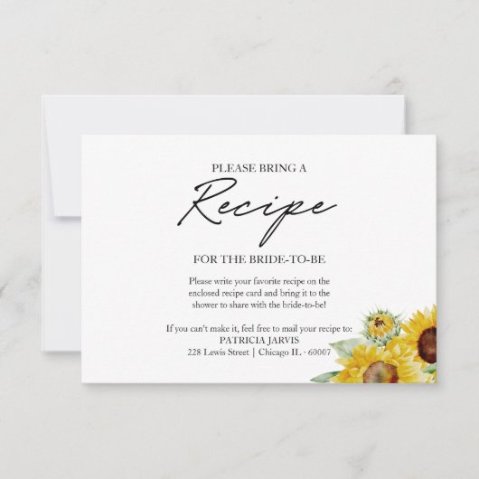 シック素朴ひまわりブライダルシャワーレシピリクエスト 招待状 (正面)