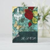 シック素朴アクアヴィンテージバラ結婚ズ 出欠カード (スタンド正面)