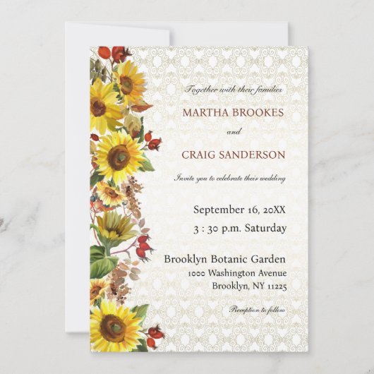 シック素朴イエローサンフラワーレース国結婚式 招待状 (正面)
