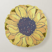 シック素朴イエローヒマワリの水彩フローラ ラウンドクッション (正面)
