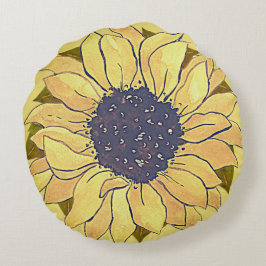 シック素朴イエローヒマワリの水彩フローラ ラウンドクッション