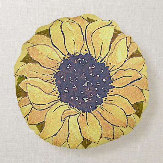 シック素朴イエローヒマワリの水彩フローラ ラウンドクッション (裏面)