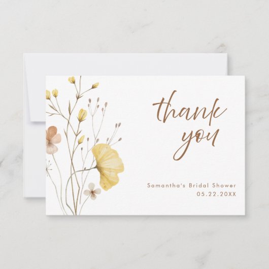 シック素朴イエローフローラブライダルシャワー サンキューカード (正面)