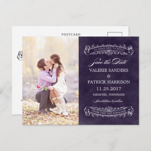 シック素朴ウェディングの日付を保存 – 紫 案内ポストカード (正面/裏面)