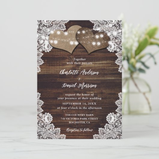 シック素朴ウッドバーラップレースストリングライツ結婚ズ 招待状 (スタンド正面)