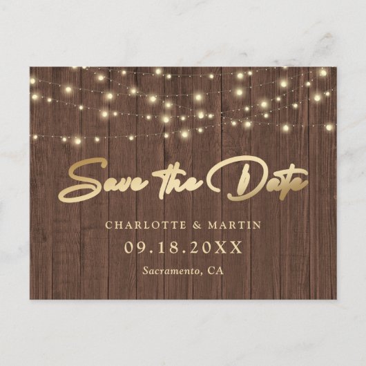 シック素朴ウッドライトウェディング日付を保存 案内ポストカード (正面)