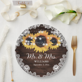 シック素朴ウッドレースサンフラワー結婚ズ ペーパープレート