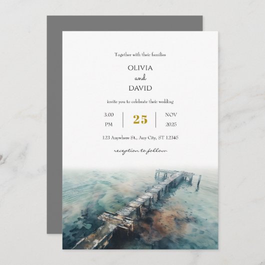 シック素朴オーシャニック木製桟橋アートビーチ結婚式 招待状 (正面/裏面)