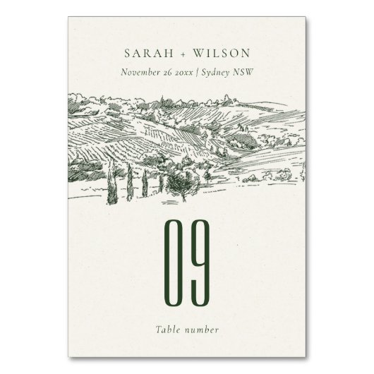 シック素朴グリーンワイナリーマウンテンスケッ結婚チ テーブルナンバー (正面)