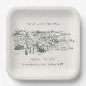 シック素朴グリーンワイナリーマウンテンスケッ結婚チ ペーパープレート (正面)