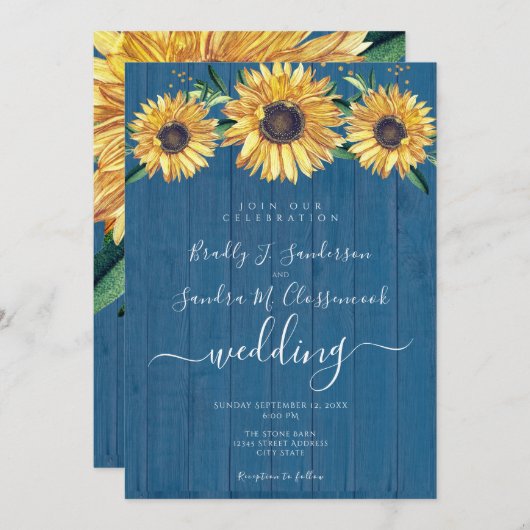シック素朴サンフラワーネイビーブルーウッド結婚ズInv 招待状 (正面/裏面)