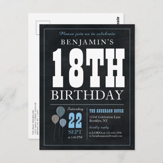 シック素朴シャルボードブルーバルーン18誕生日 ポストカード (正面/裏面)