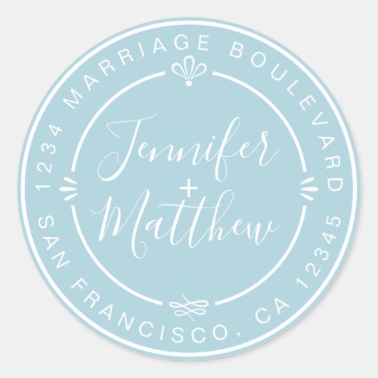 シック素朴ス結婚モノグラム差出人住所ブルー ラウンドシール (正面)