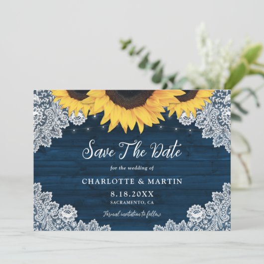 シック素朴ネイビーブルーウッドレースサンフラワー結婚ズ セーブザデート (スタンド正面)