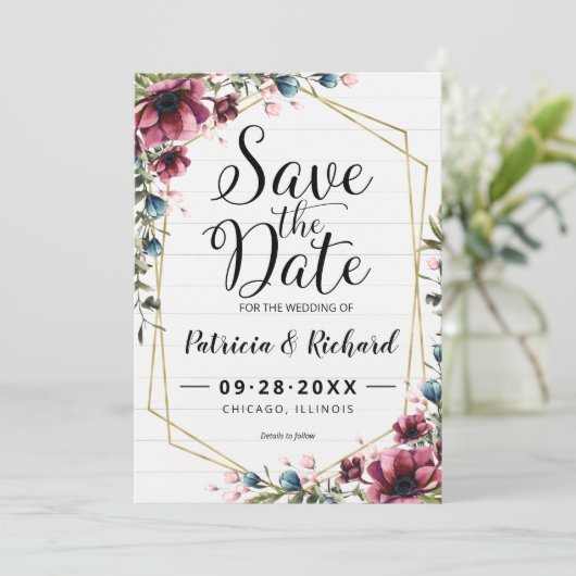 シック素朴バーガンディフローラ結婚式の日付を保存 (スタンド正面)